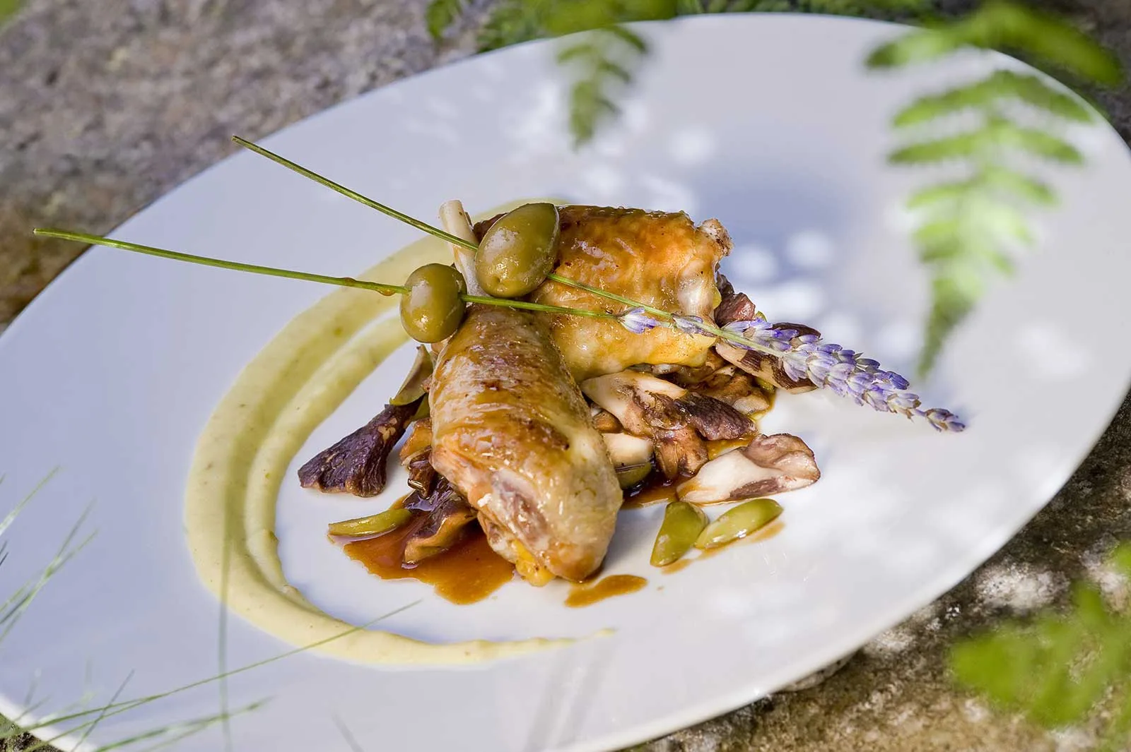 Un plat gastronomique à base de volaille, champignons sauvages et olives vertes à Saint-Bonnet-le-Froid en Haute-Loire, Auvergne