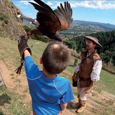 Un ragazzo atterra un falco sul braccio con l'aiuto dei falconieri al castello di Rochebaron nell'Alta Loira