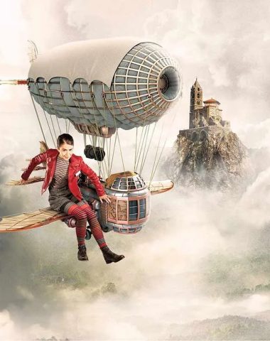 Visual van Terre de Géants met het karakter van Alice, de Rocher Saint-Michel en het vliegtuig