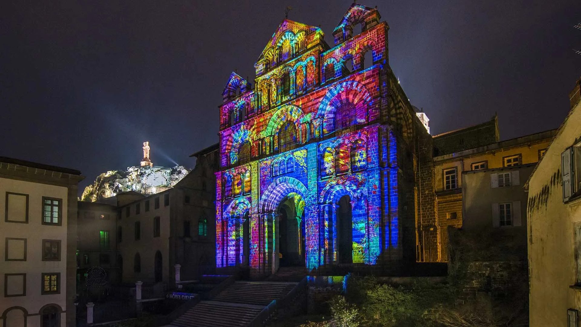 Notre-Dame-du-Puy cathedral decorated by Le Puy with lights in Haute-Loire