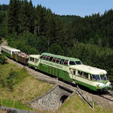 El tren turístico Livradois-Forez pasando por el bosque en Alto Loira, Auvernia