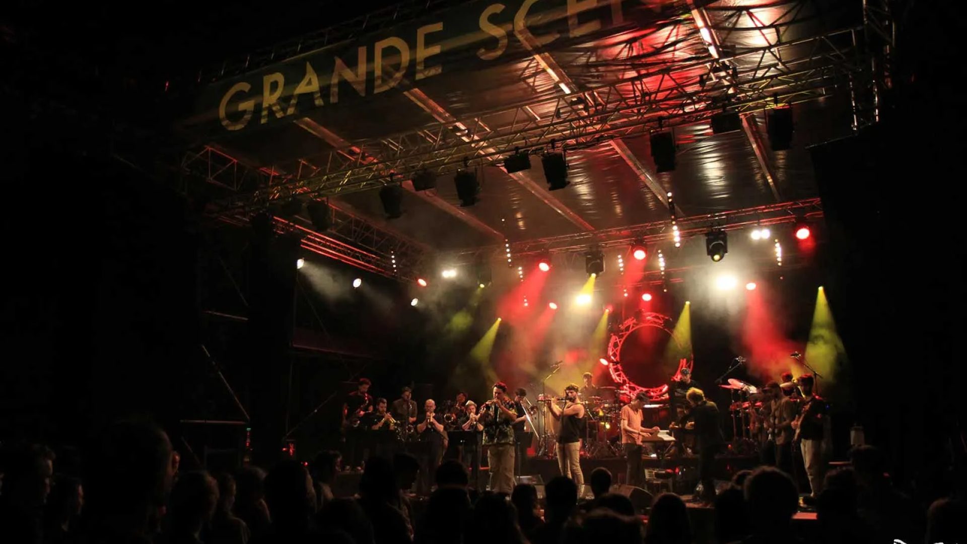 A music group plays on the main stage of the Festival du Monastier in Haute-Loire, Auvergne