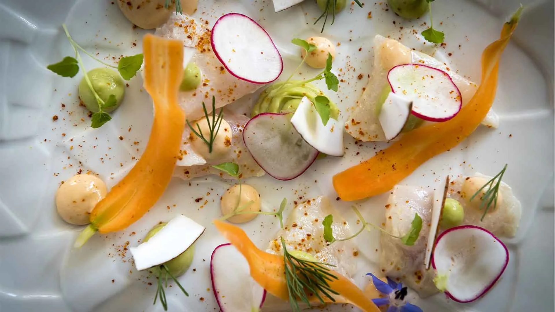 Un plato gourmet elaborado con zanahorias, rábanos, coco y pescado blanco en un restaurante de Haute-Loire, Auvergne