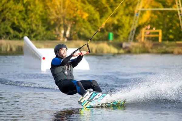 A wakeboarder on the lake of Saugues in Haute-Loire, Auvergne