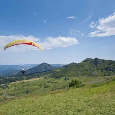 Take-off of a paraglider in Haute-Loire, Auvergne