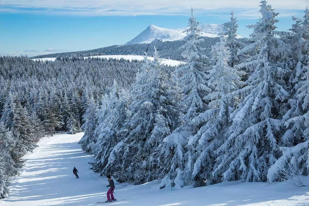 Gli sciatori vagano per la foresta di Mézenc con la sua montagna sullo sfondo nell'Alta Loira, in Alvernia