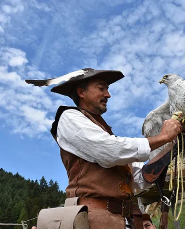A falconer from Rochebaron castle and his eagle landing on his arm in Haute-Loire, Auvergne